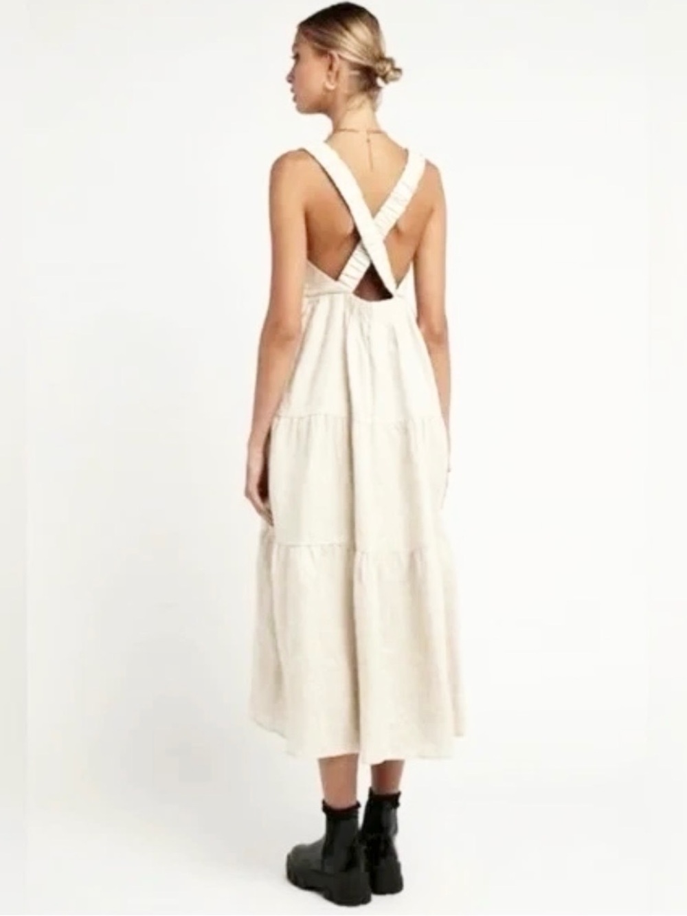 Crescent Open-Back Tiered Midi Dress in Cream